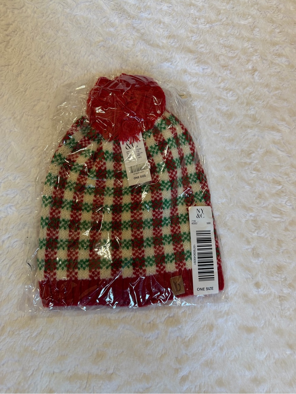 Festive Red & Green & Ivory Plaid Knit Pom Beanie